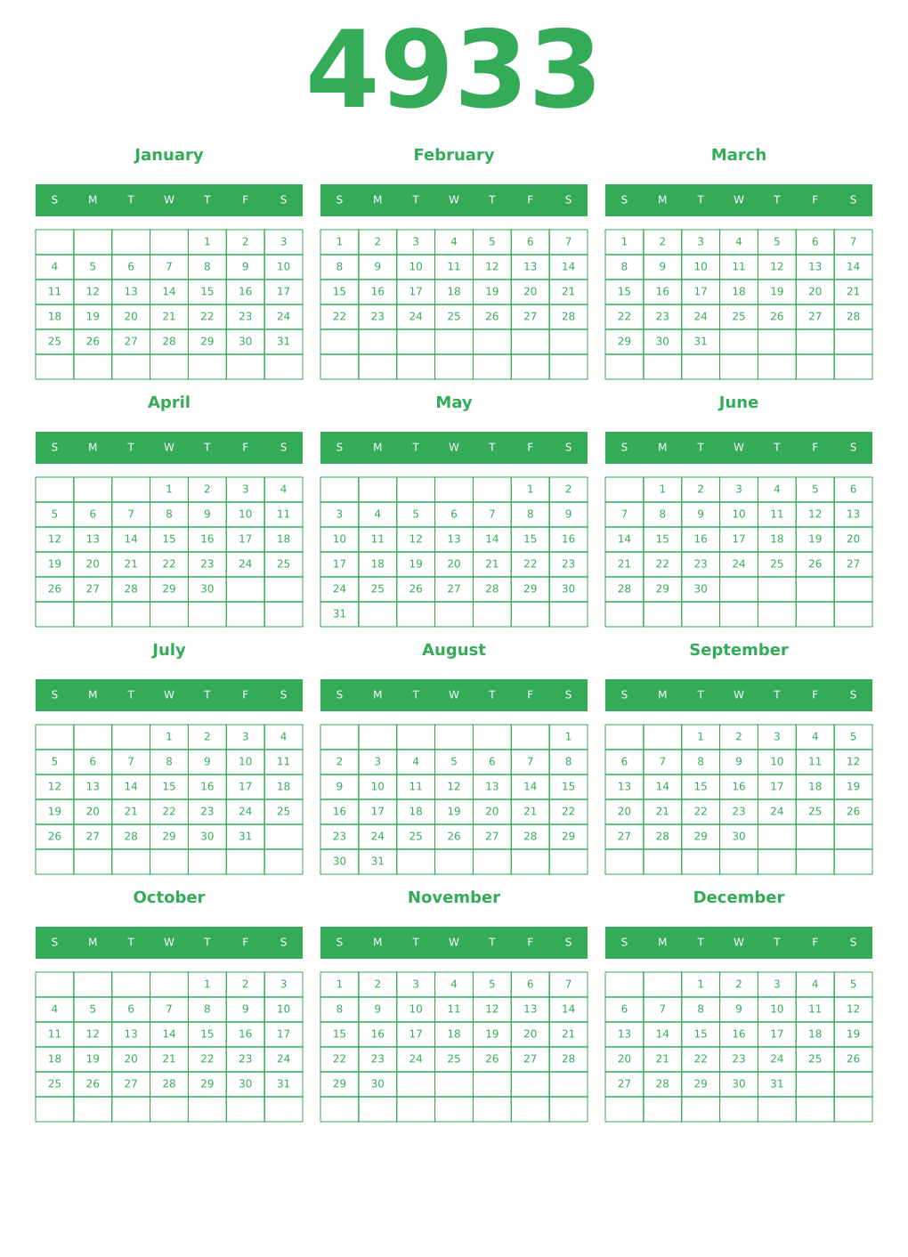 Printable 4933 Year Calendars green