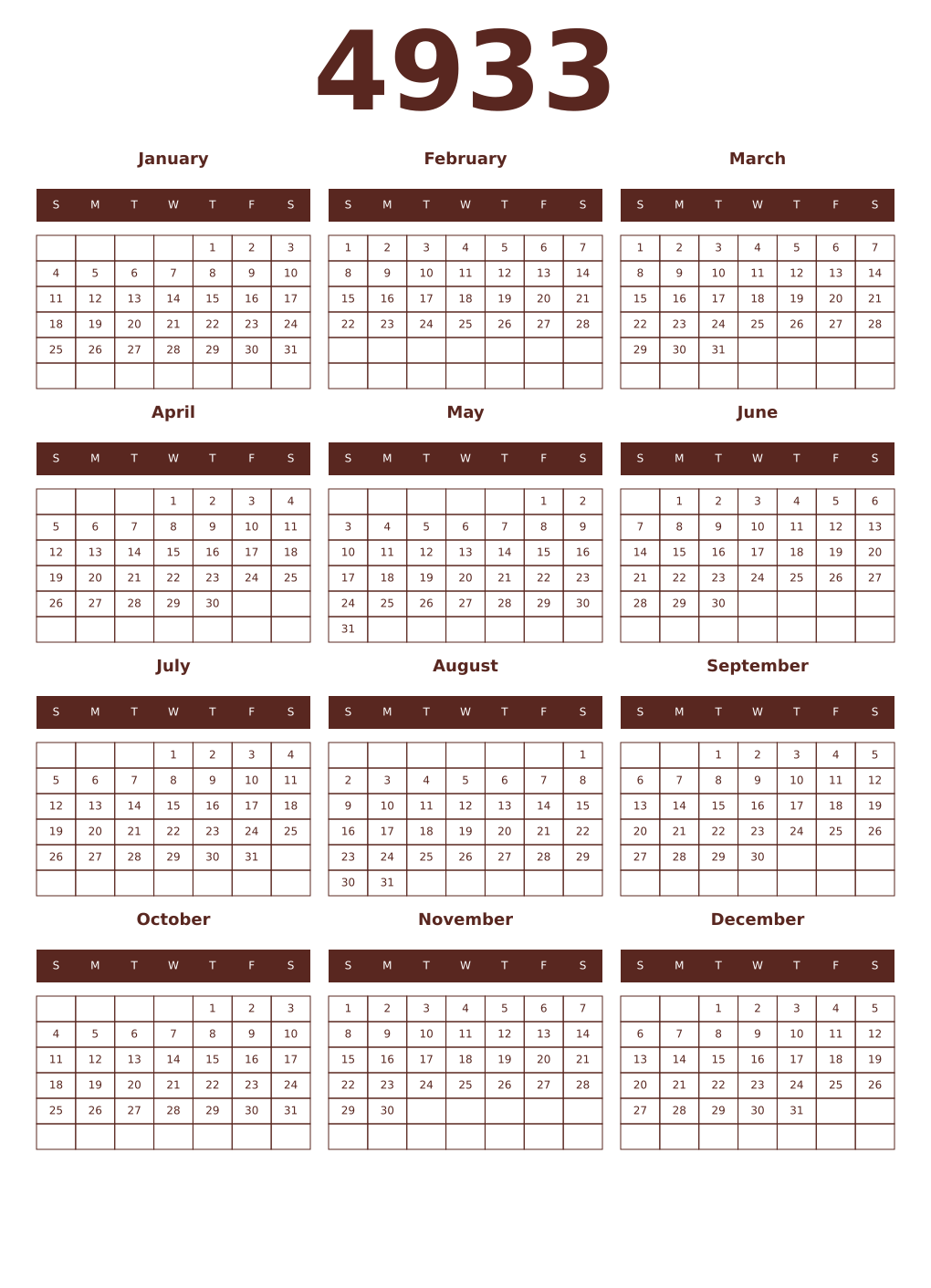 Printable 4933 Year Calendars mortuum
