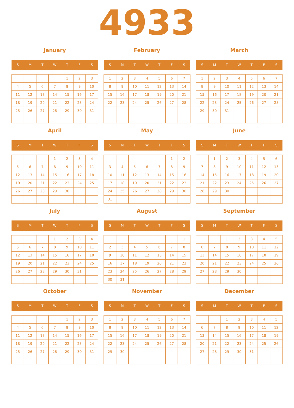 Printable 4933 Year Calendars orange