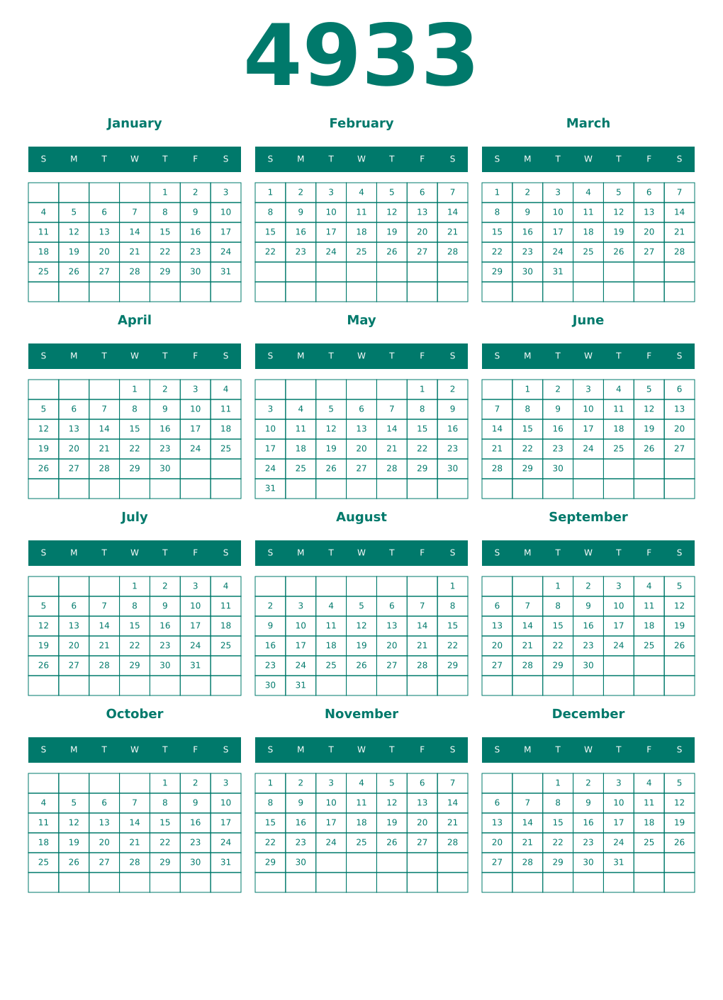 Printable 4933 Year Calendars pastel