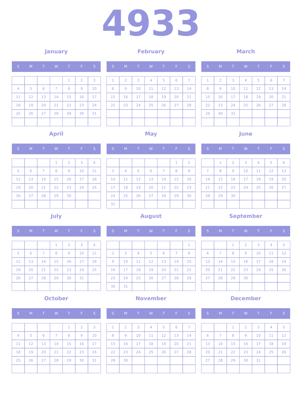 Printable 4933 Year Calendars periwinkle