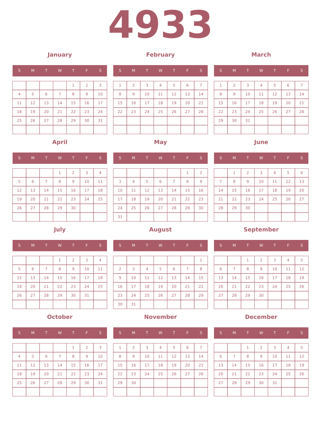 Printable 4933 Year Calendars puce