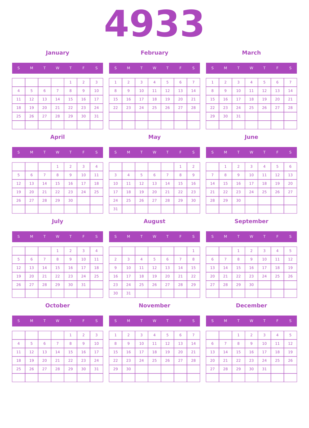 Printable 4933 Year Calendars purple