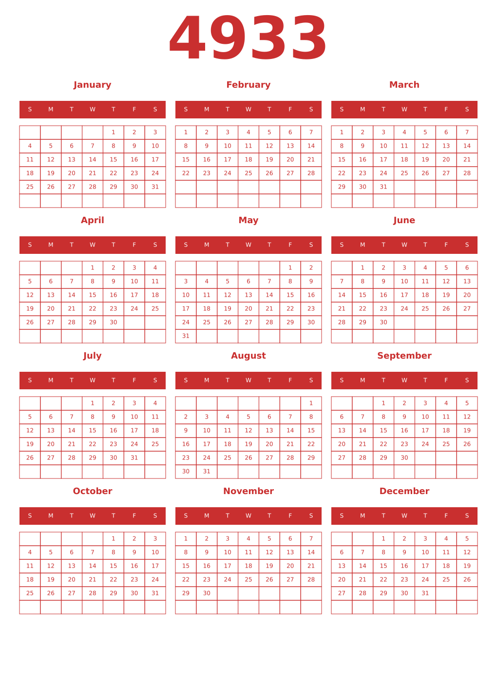 Printable 4933 Year Calendars red