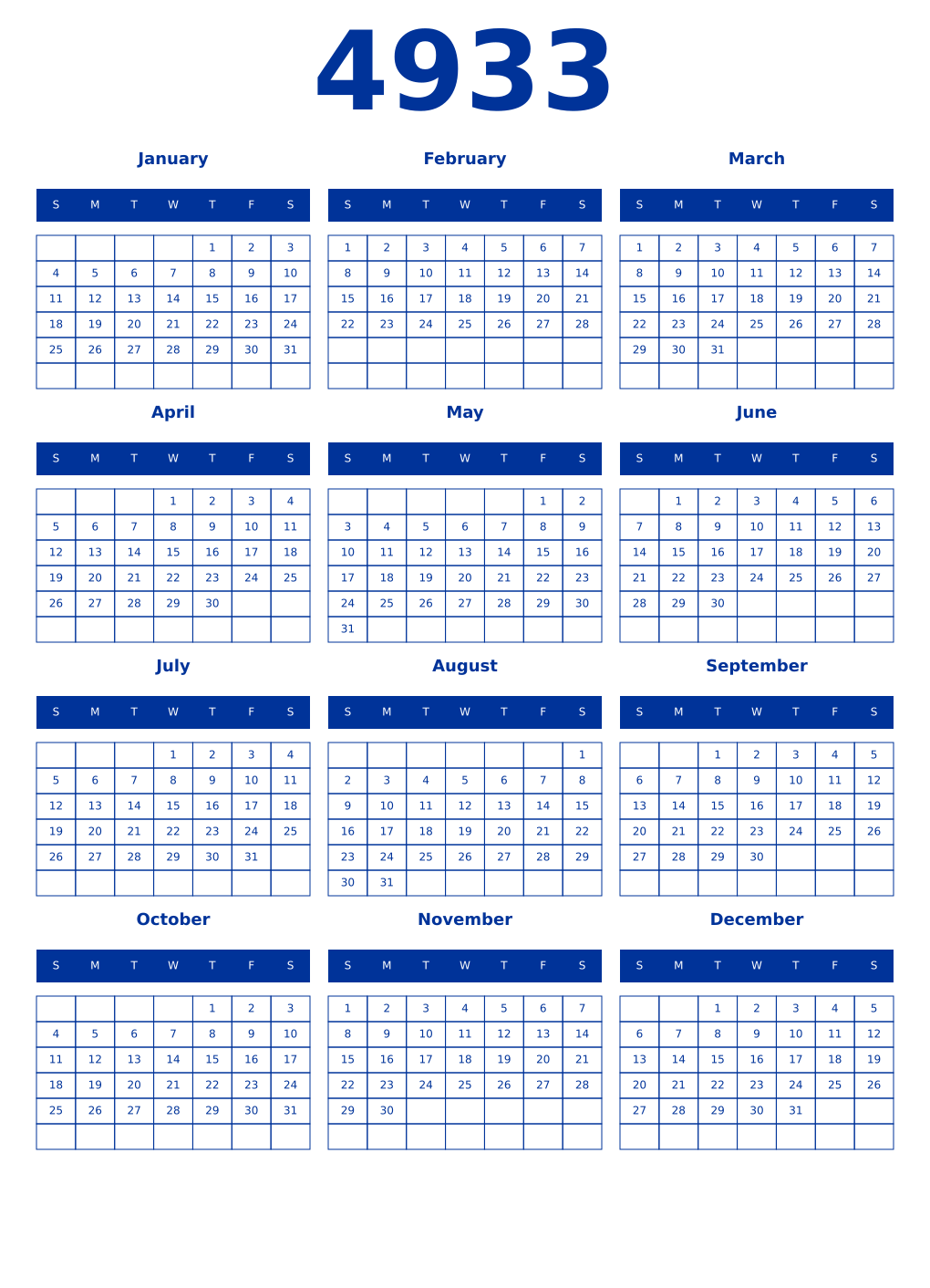 Printable 4933 Year Calendars smalt