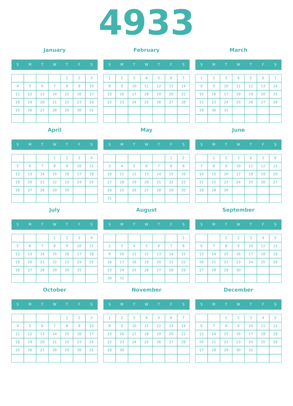 Printable 4933 Year Calendars verdigris
