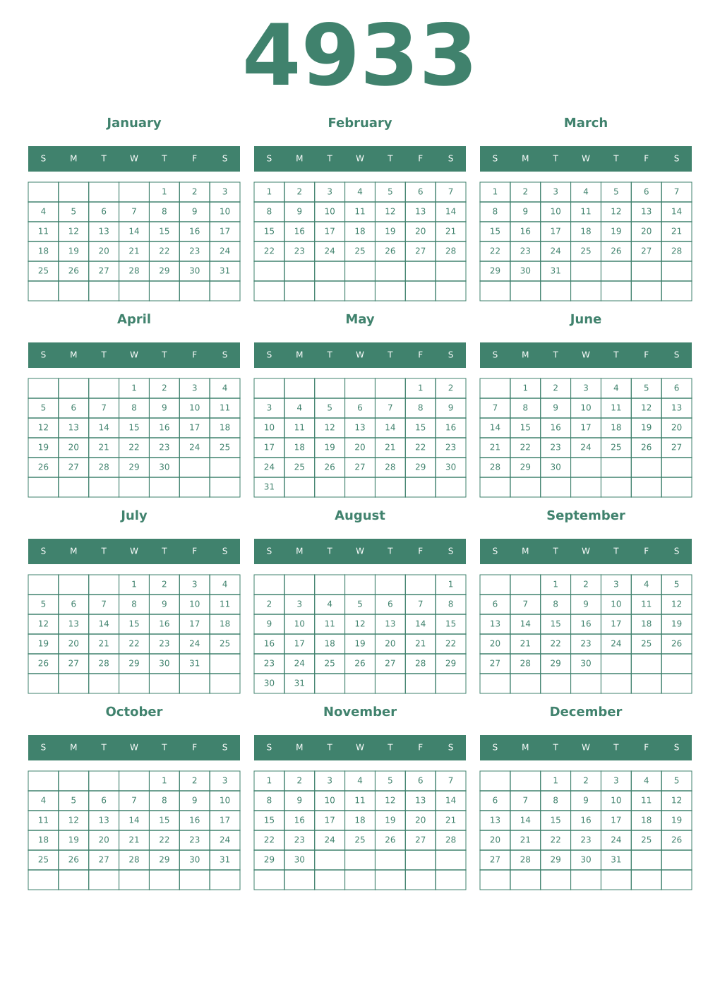 Printable 4933 Year Calendars viridian