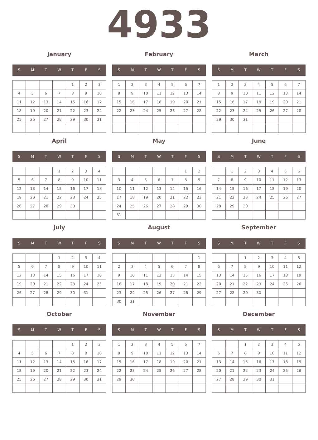 Printable 4933 Year Calendars wenge