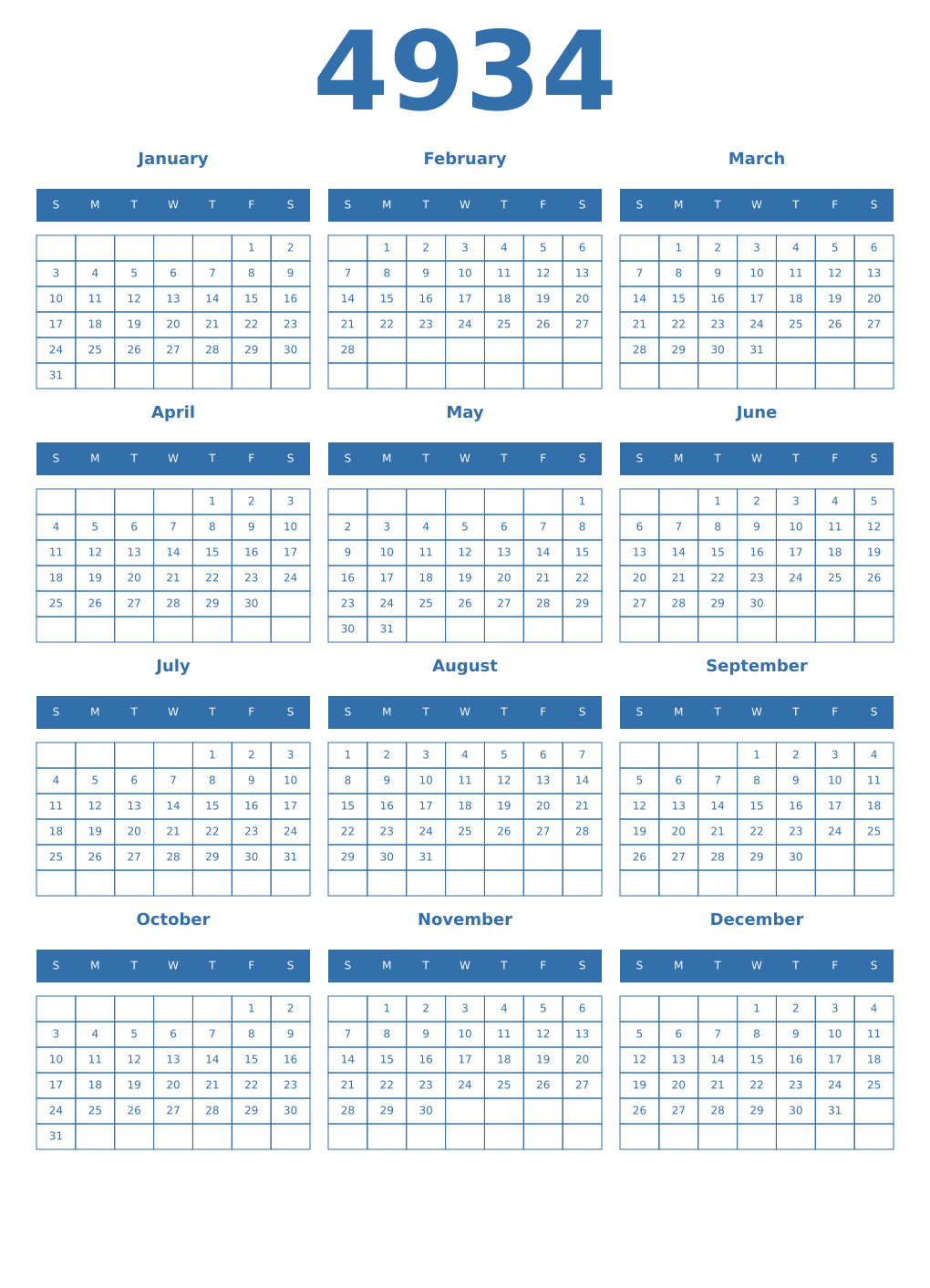 Printable 4934 Year Calendars blue