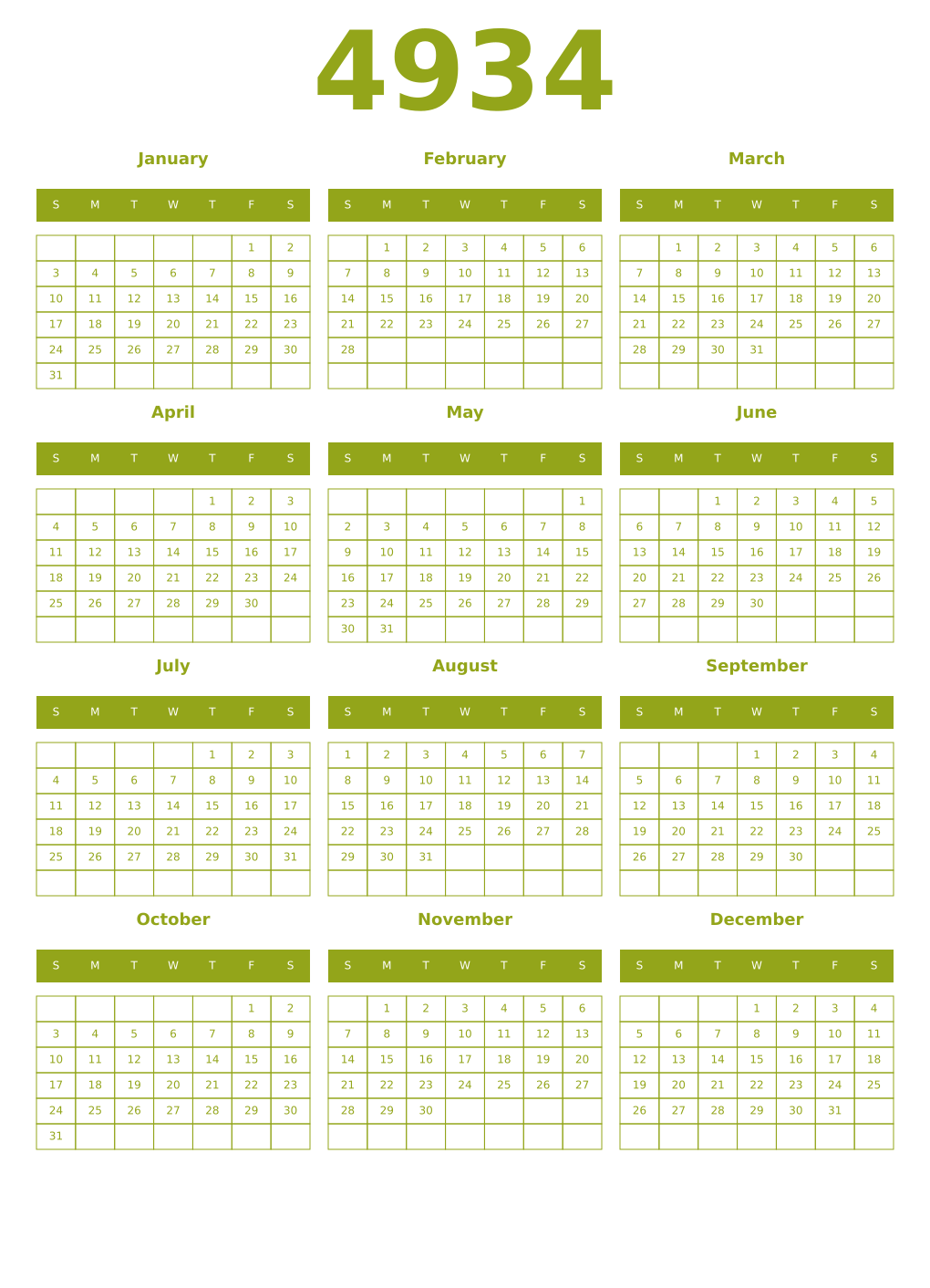 Printable 4934 Year Calendars chartreuse