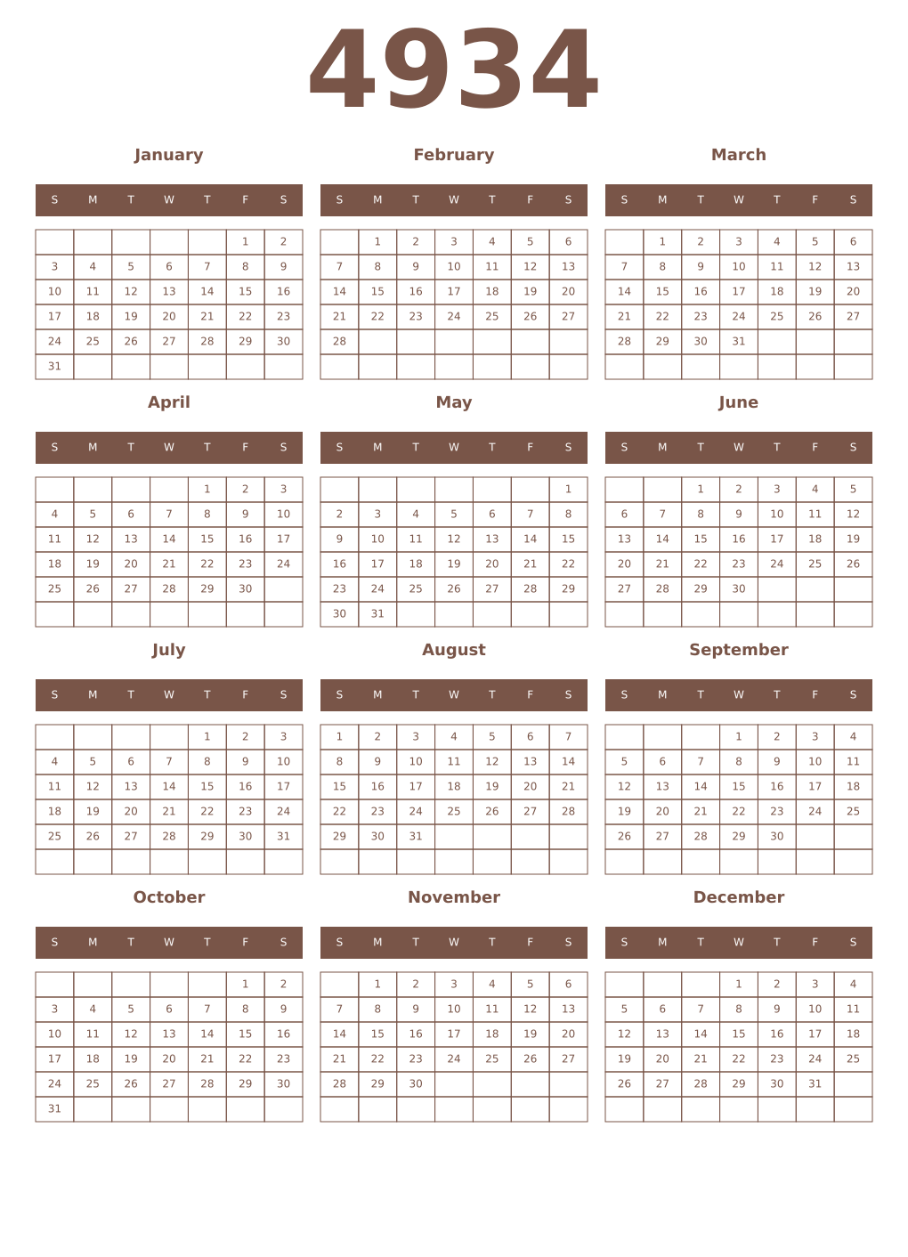 Printable 4934 Year Calendars coffe