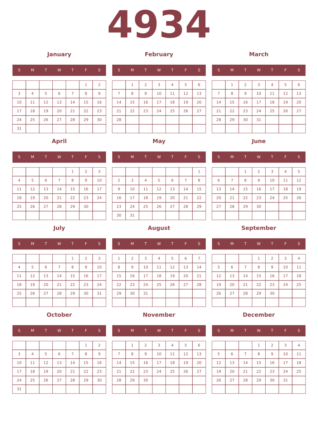 Printable 4934 Year Calendars cordovan