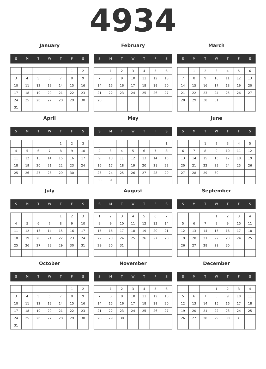 Printable 4934 Year Calendars dark