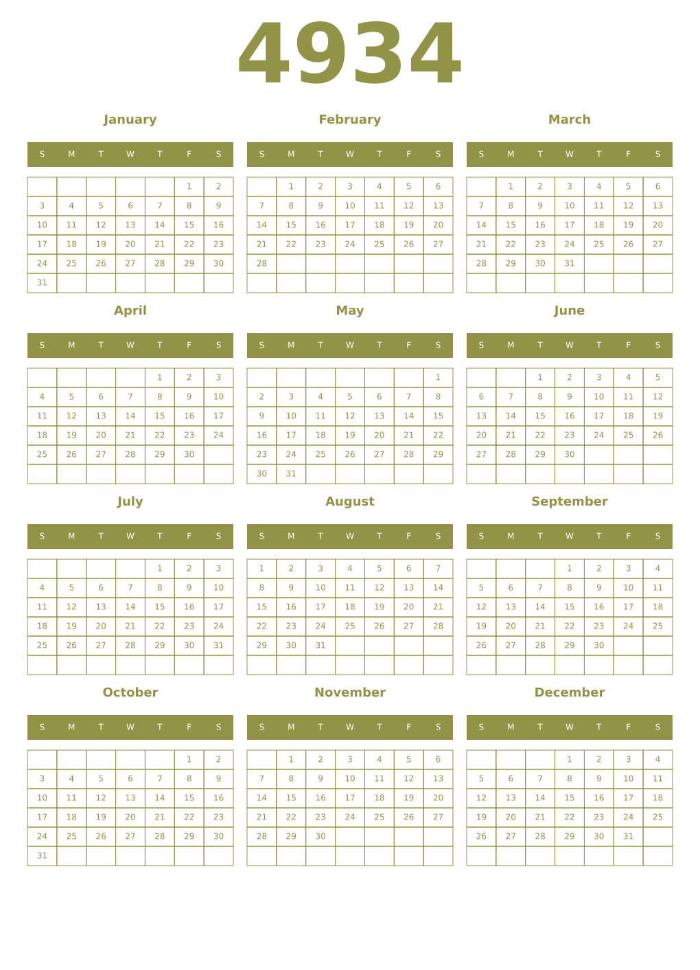 Printable 4934 Year Calendars eburnean