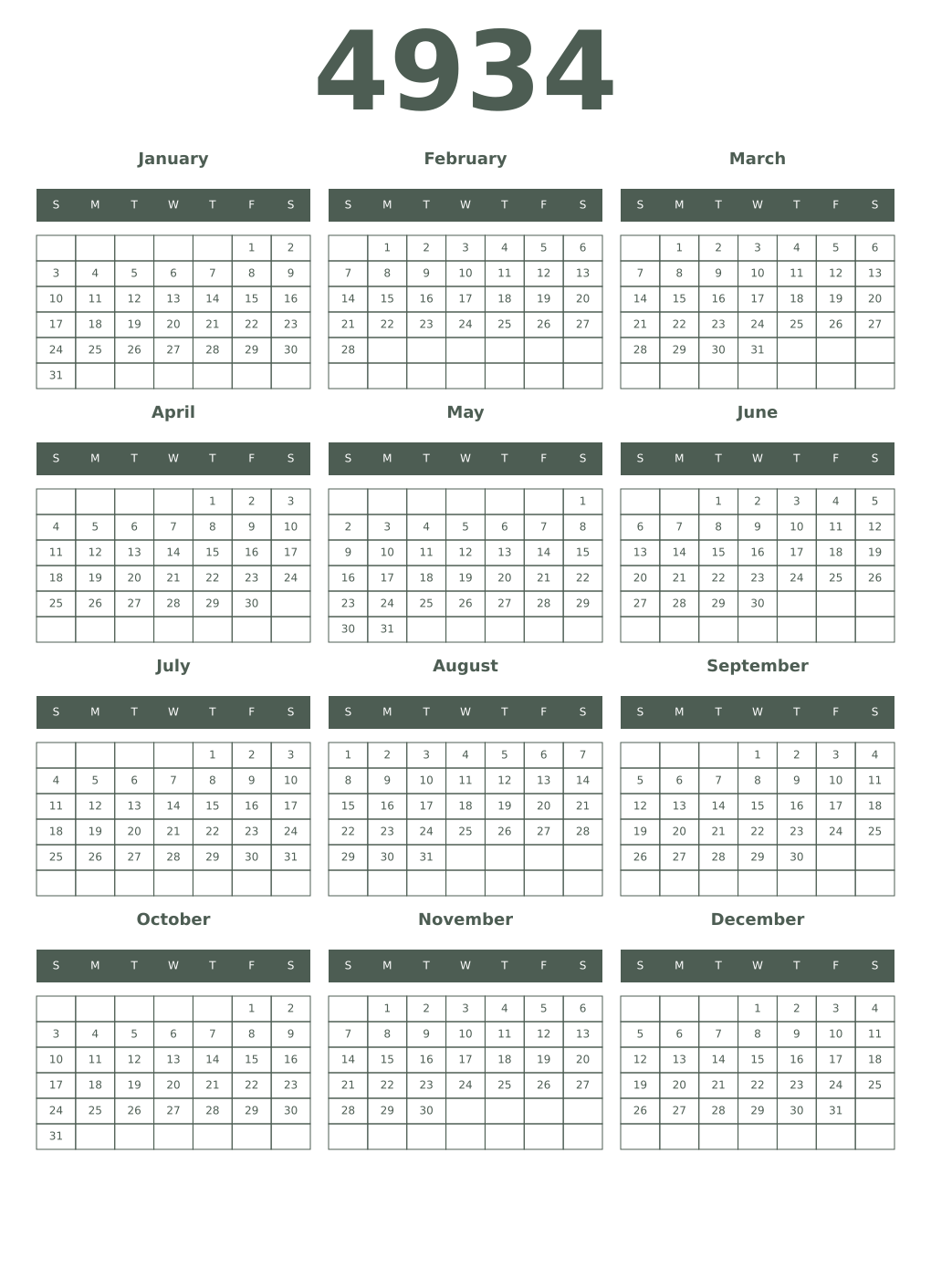 Printable 4934 Year Calendars feldgrau