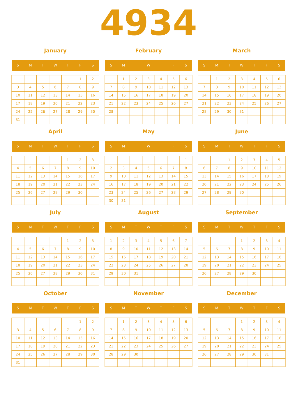 Printable 4934 Year Calendars gamboge