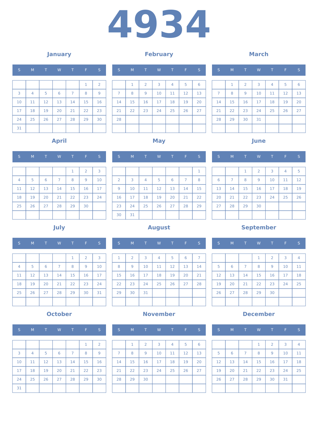 Printable 4934 Year Calendars glaucous
