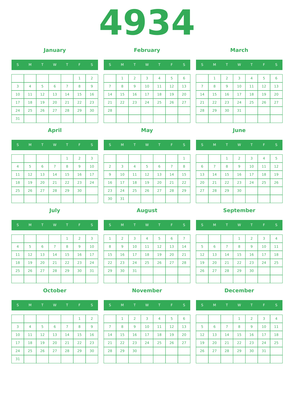 Printable 4934 Year Calendars green