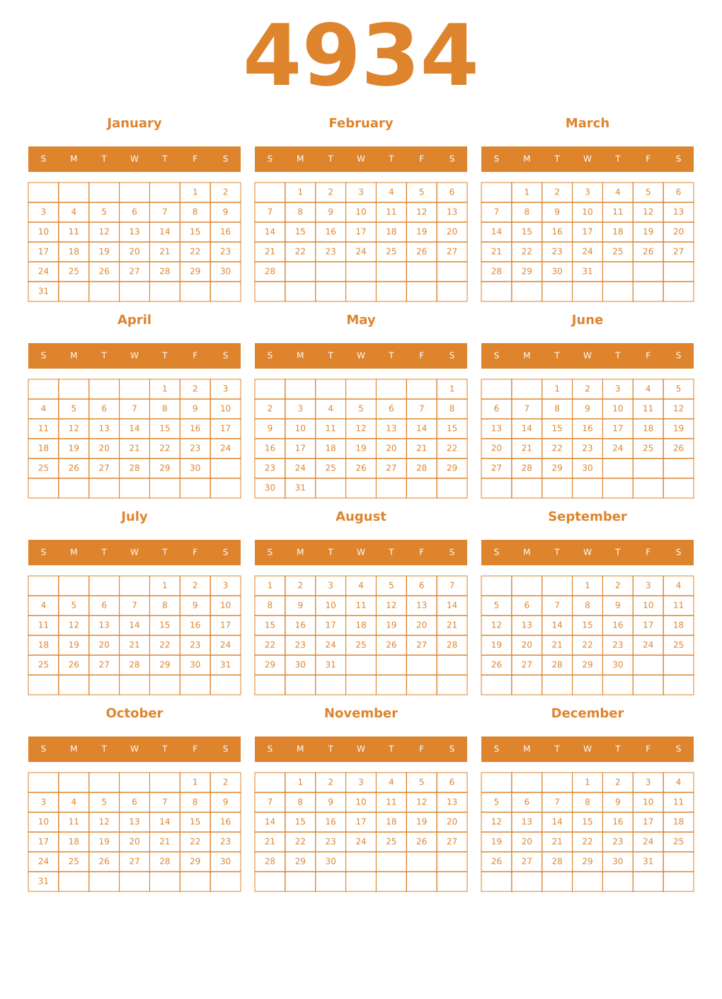 Printable 4934 Year Calendars orange