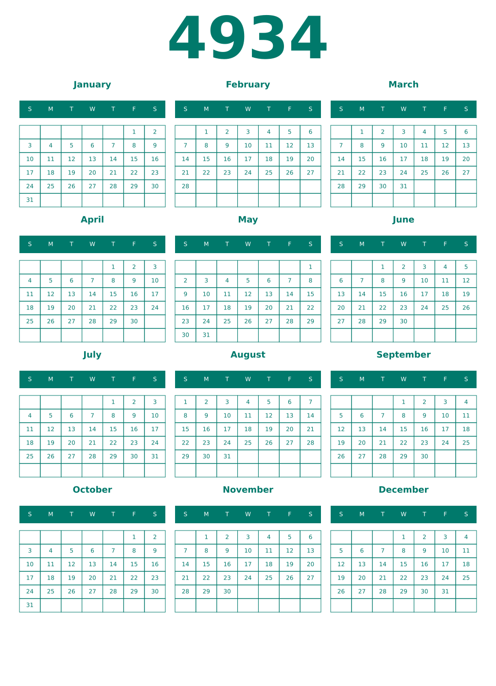 Printable 4934 Year Calendars pastel