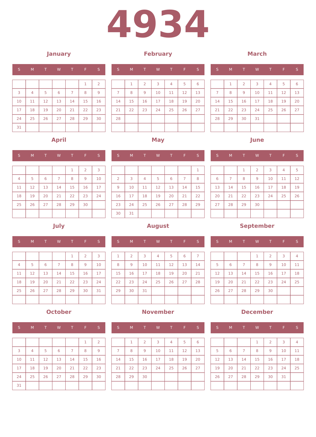 Printable 4934 Year Calendars puce