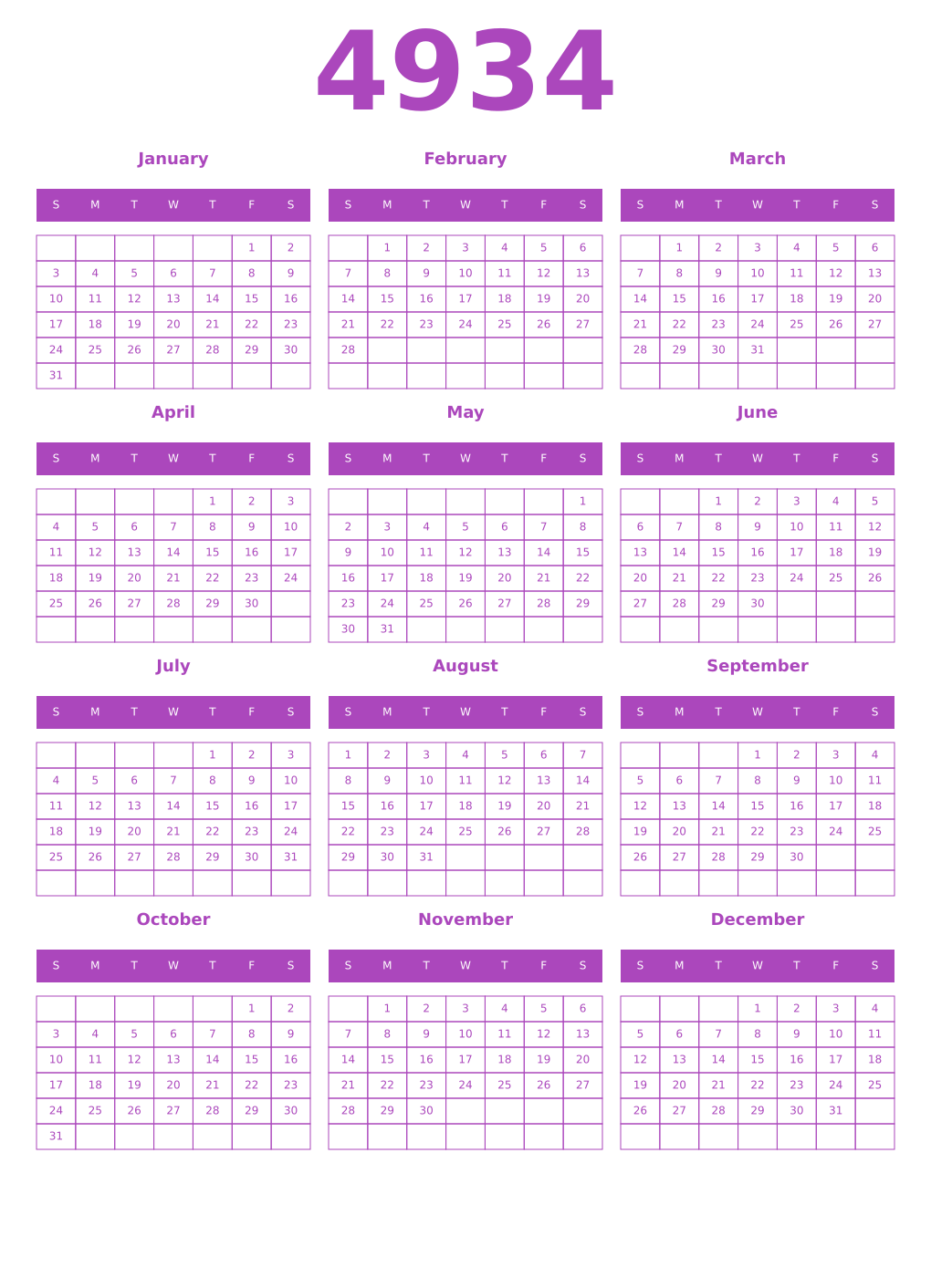 Printable 4934 Year Calendars purple