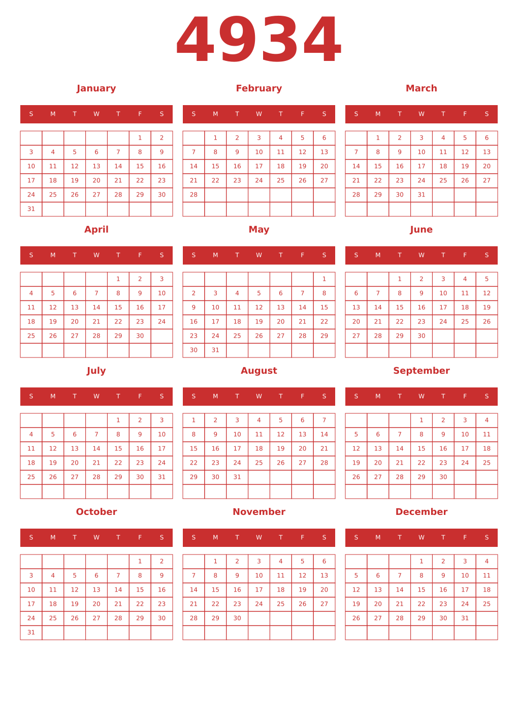Printable 4934 Year Calendars red