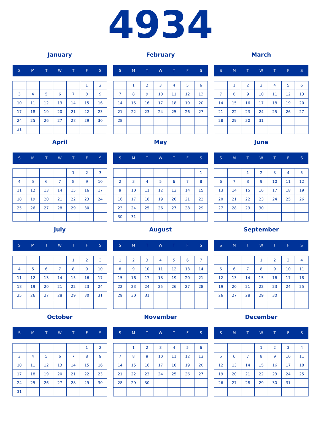 Printable 4934 Year Calendars smalt