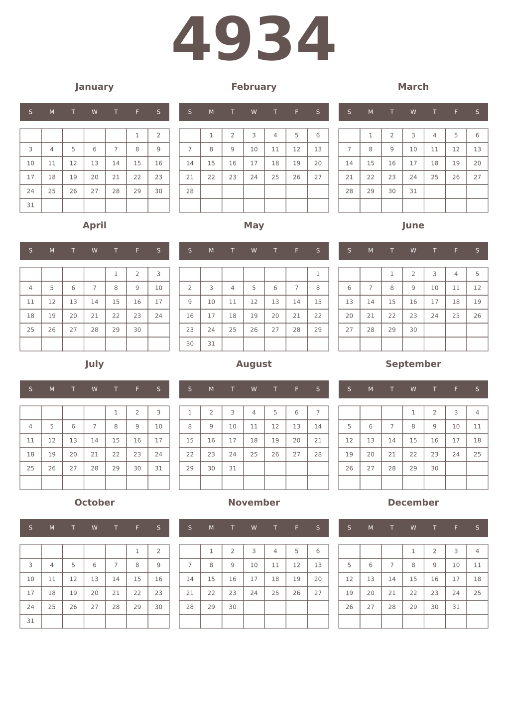 Printable 4934 Year Calendars wenge