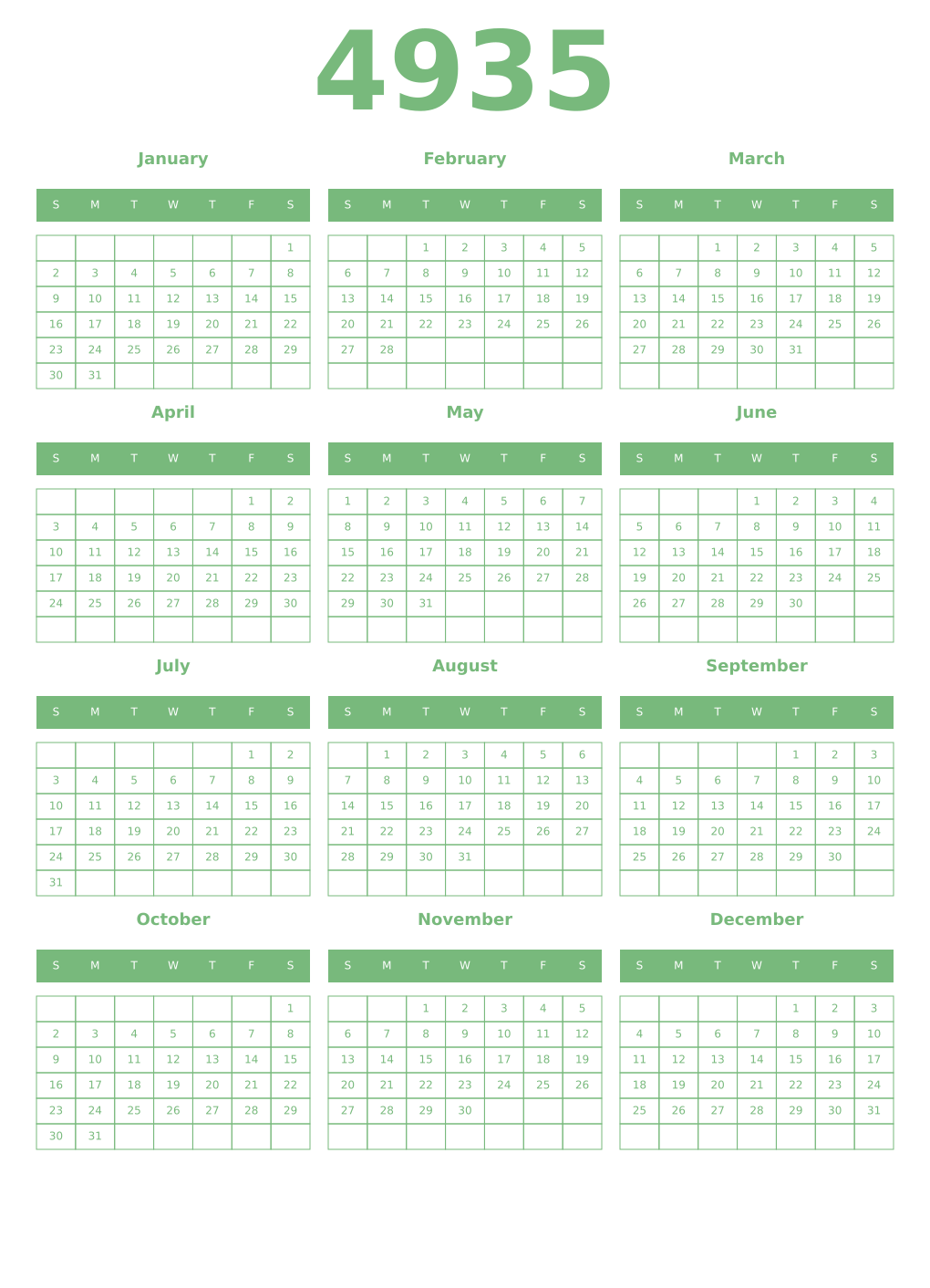 Printable 4935 Year Calendars celadon