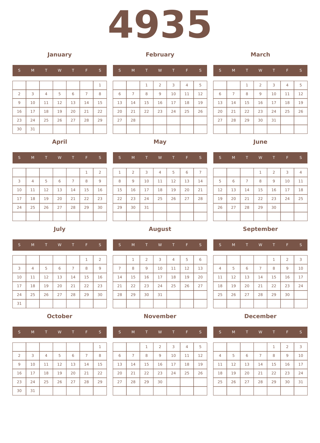 Printable 4935 Year Calendars coffe