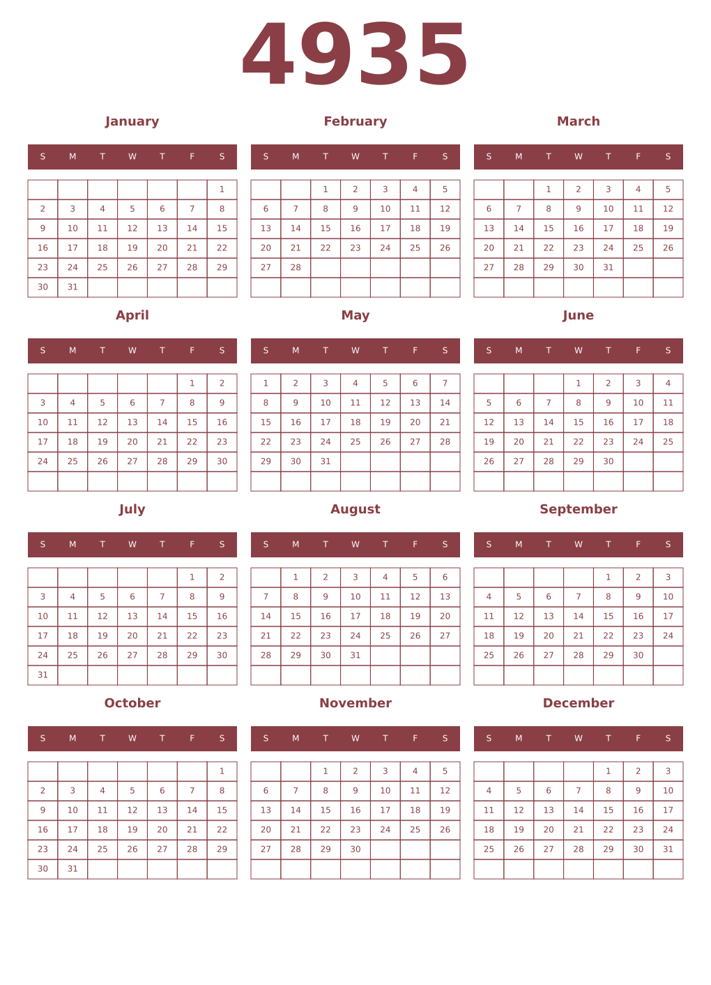 Printable 4935 Year Calendars cordovan