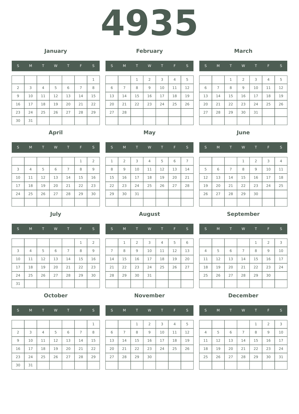Printable 4935 Year Calendars feldgrau