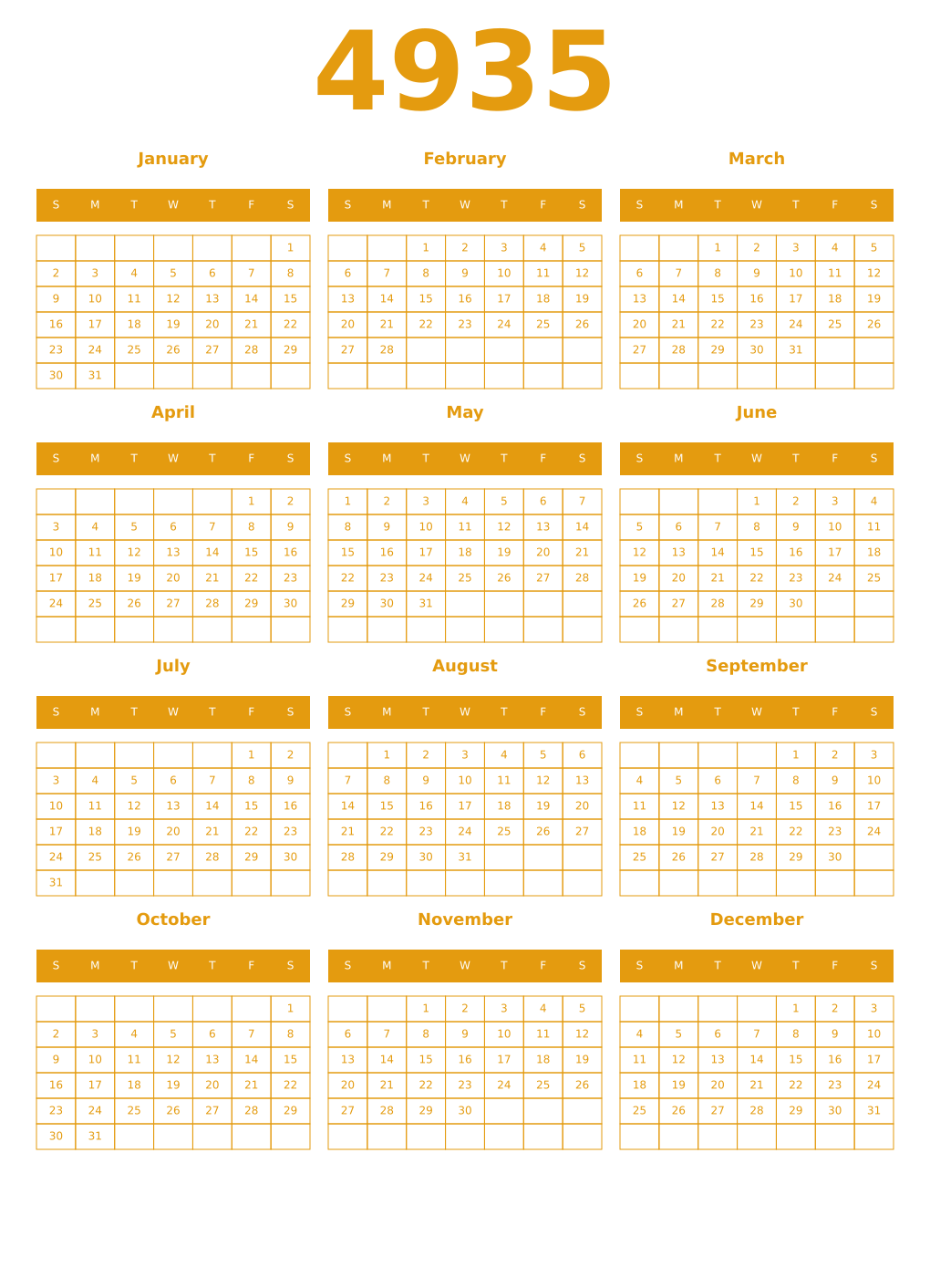 Printable 4935 Year Calendars gamboge