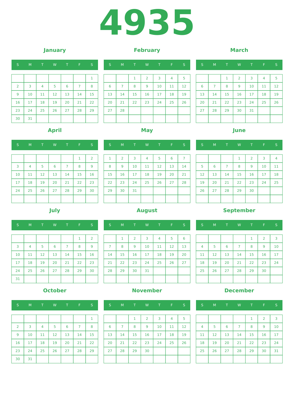 Printable 4935 Year Calendars green