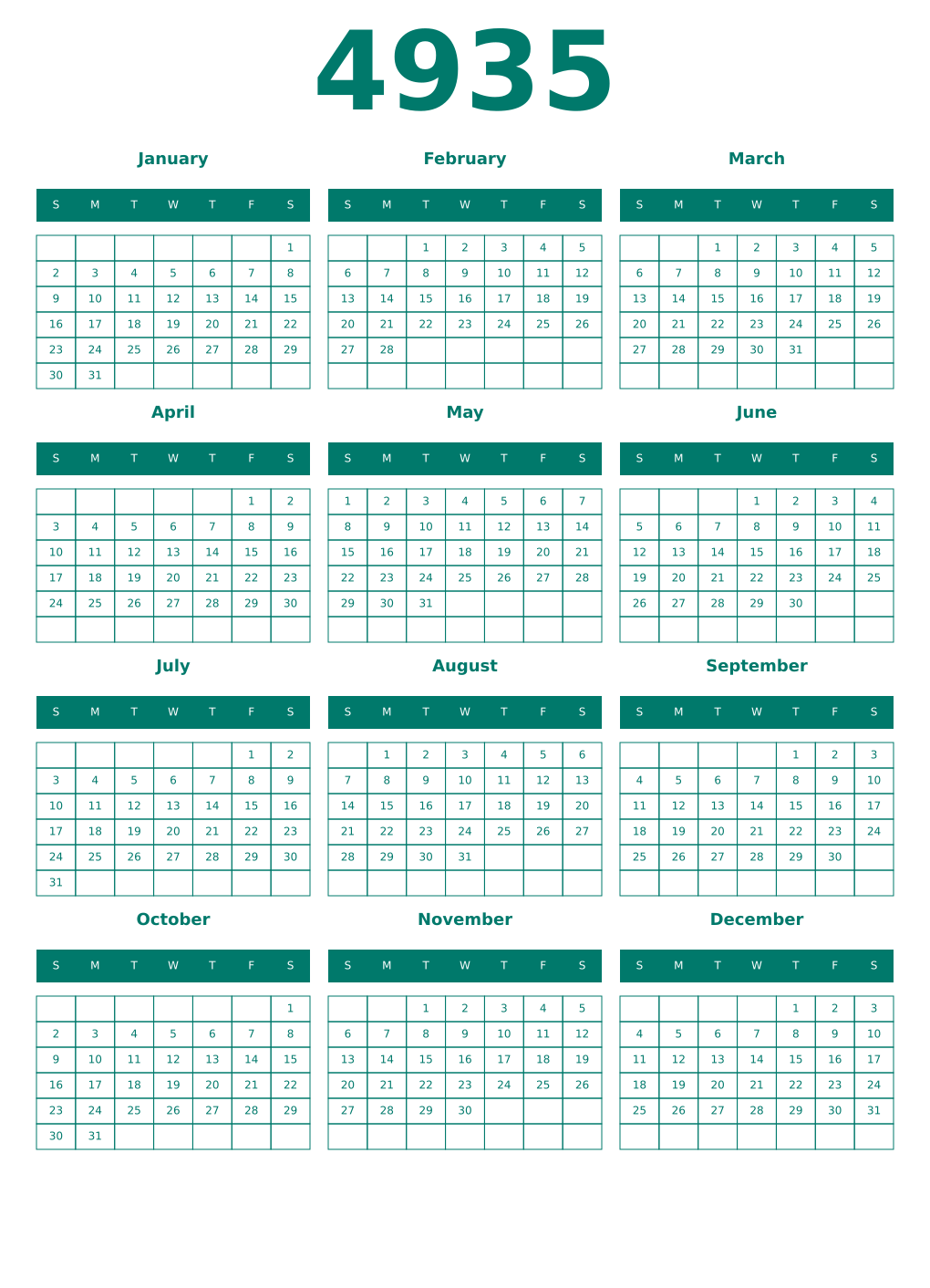 Printable 4935 Year Calendars pastel