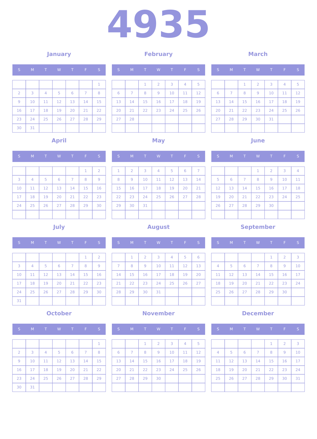 Printable 4935 Year Calendars periwinkle