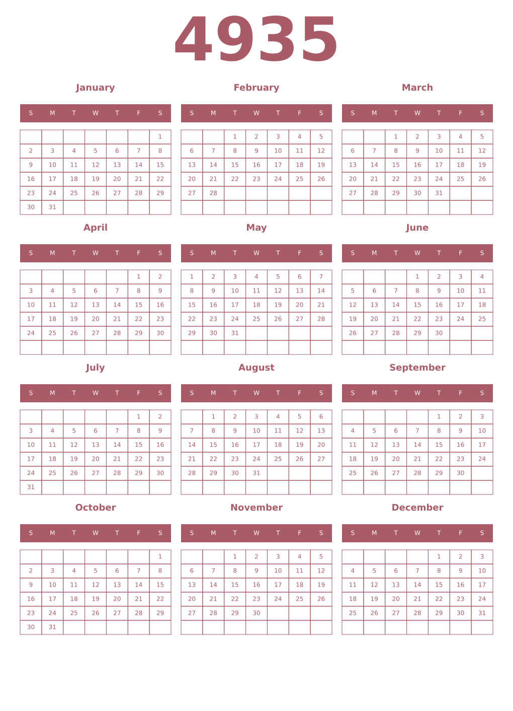 Printable 4935 Year Calendars puce