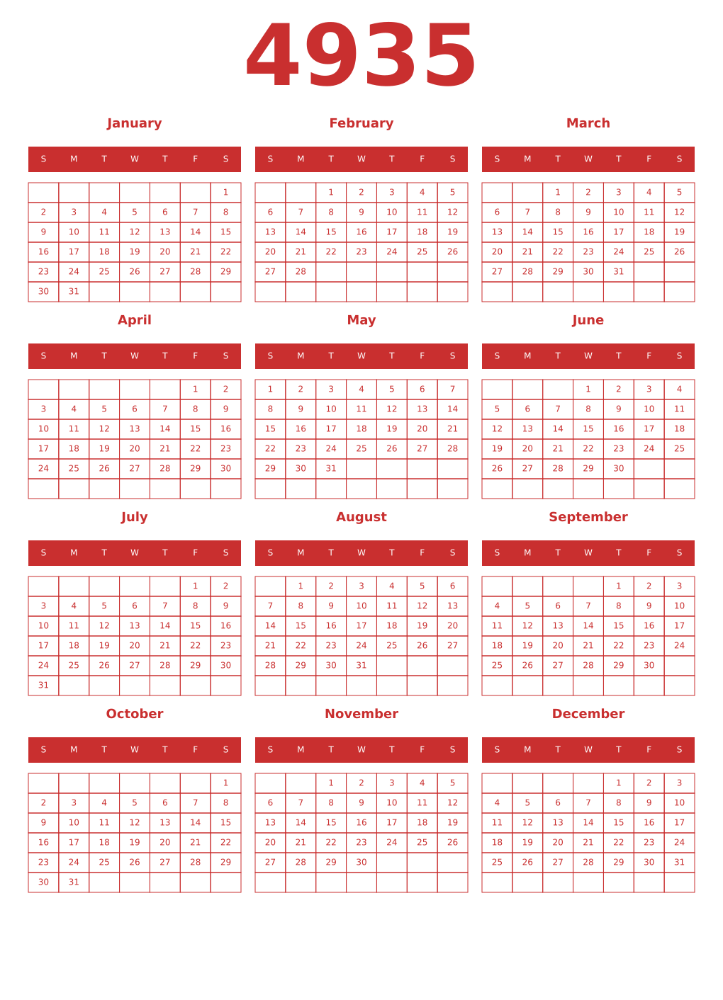 Printable 4935 Year Calendars red