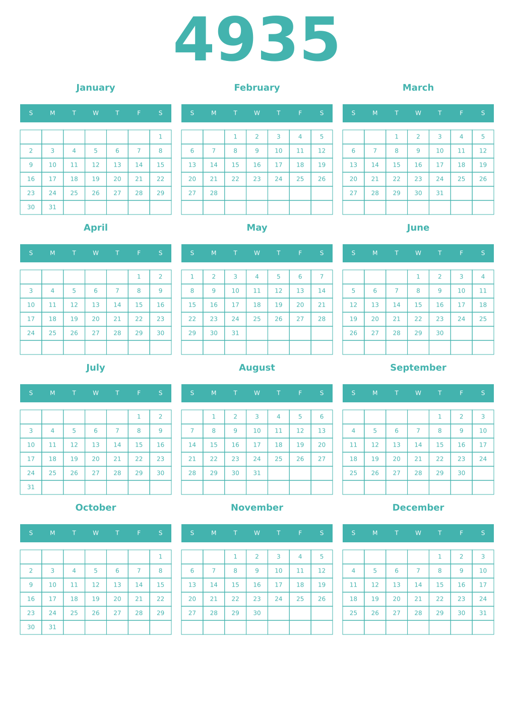 Printable 4935 Year Calendars verdigris