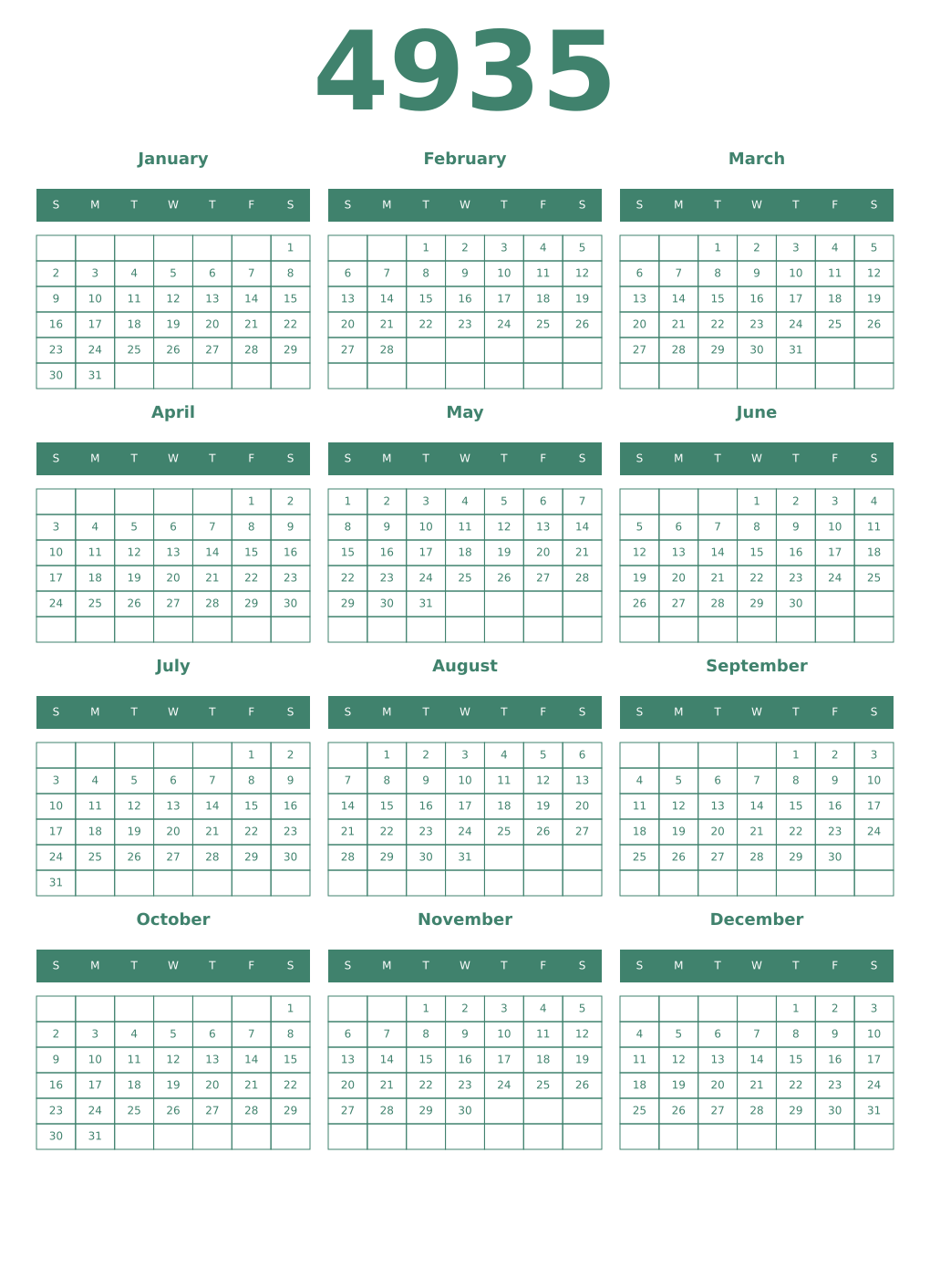 Printable 4935 Year Calendars viridian