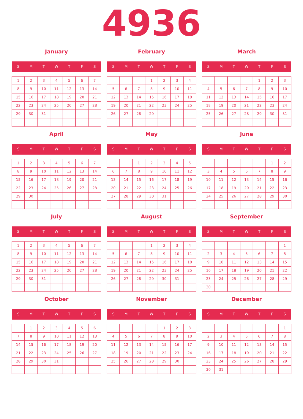 Printable 4936 Year Calendars amaranth