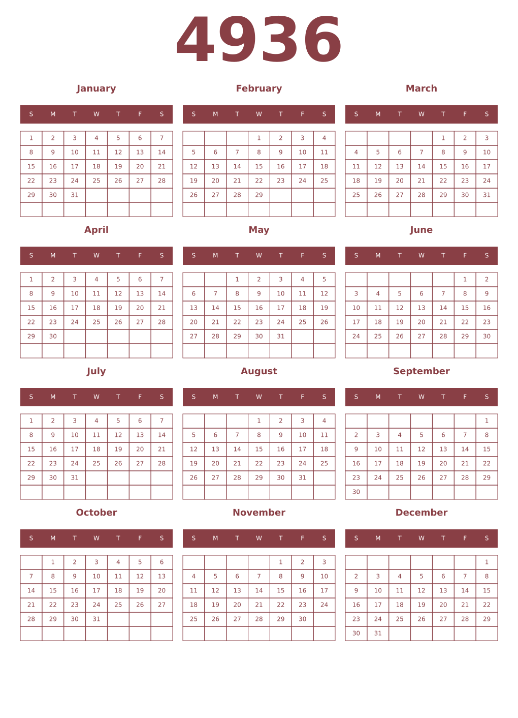 Printable 4936 Year Calendars cordovan