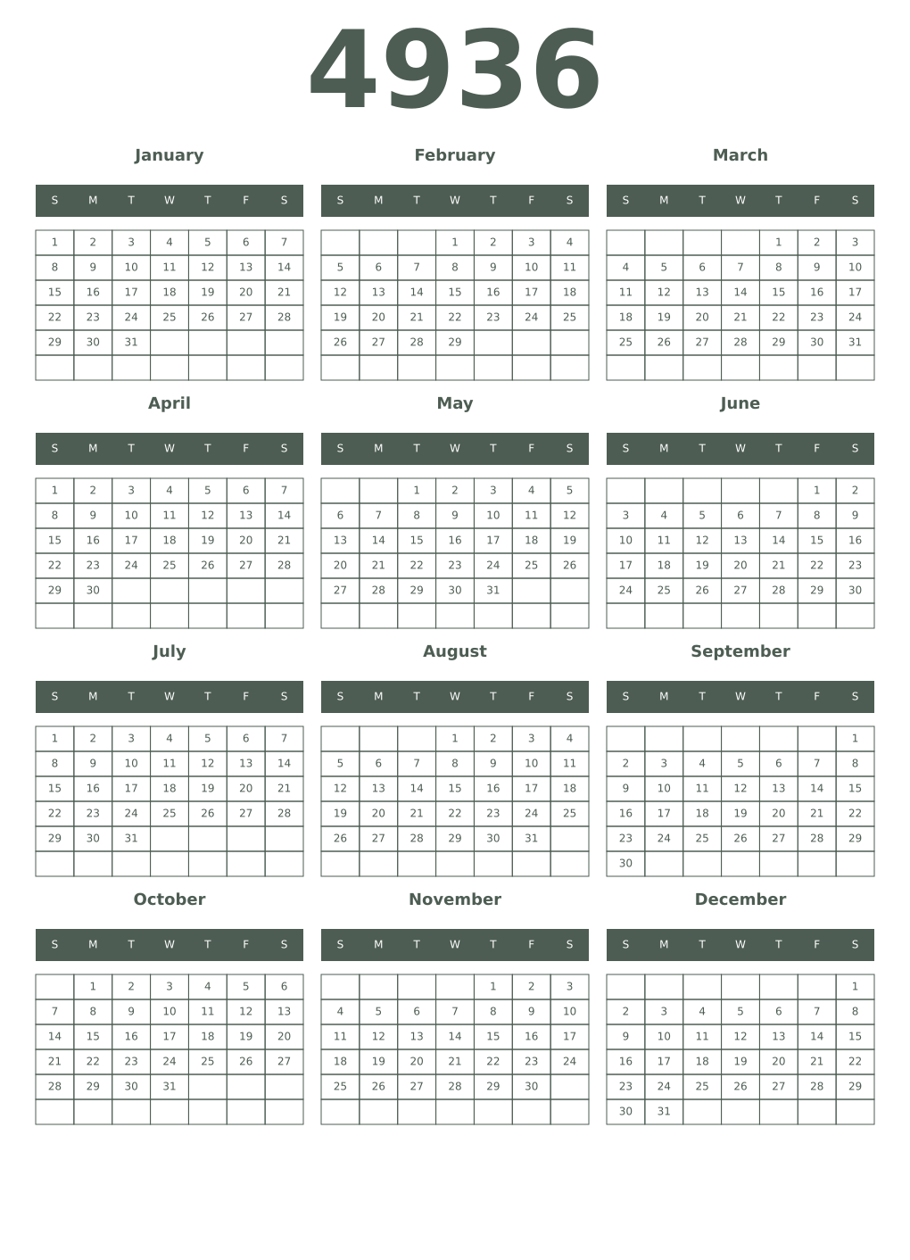 Printable 4936 Year Calendars feldgrau