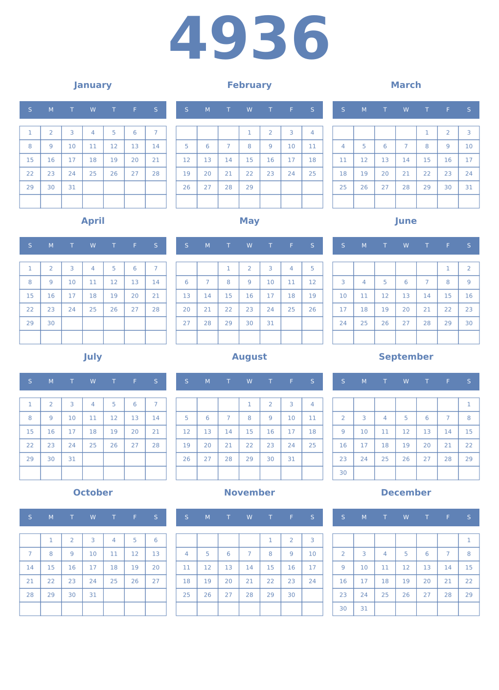 Printable 4936 Year Calendars glaucous