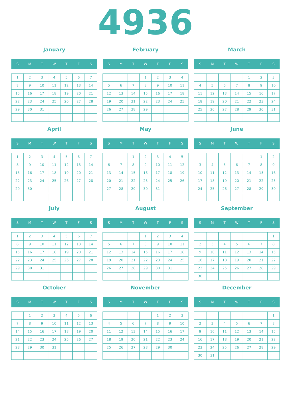 Printable 4936 Year Calendars verdigris