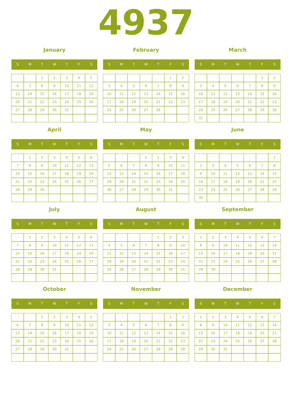 Printable 4937 Year Calendars chartreuse