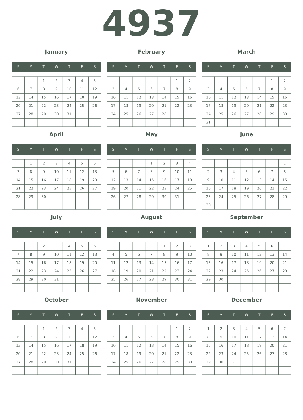 Printable 4937 Year Calendars feldgrau
