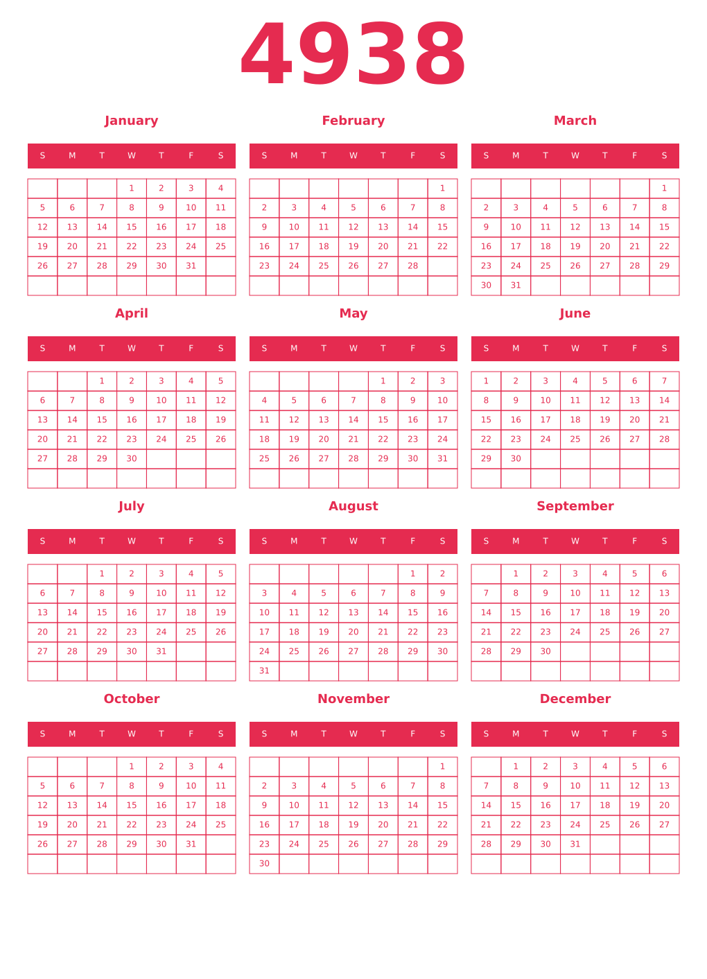 Printable 4938 Year Calendars amaranth