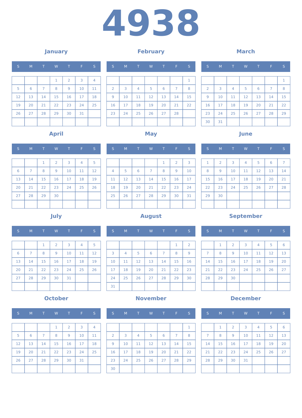 Printable 4938 Year Calendars glaucous